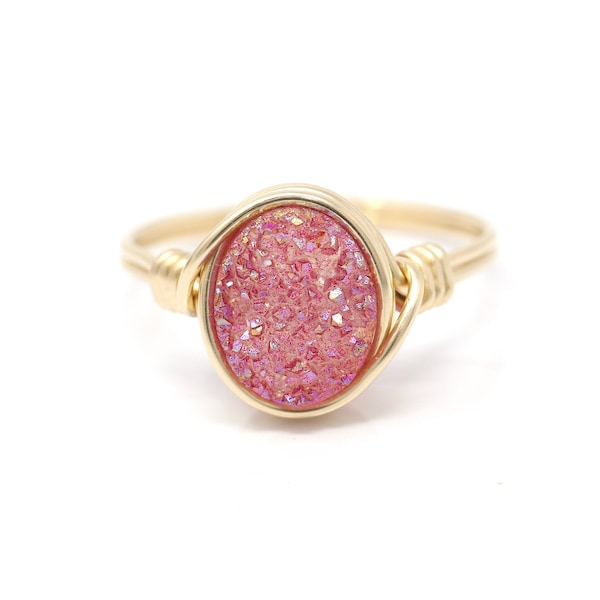 Passion Fruit Pink Druzy Agate Wire Wrapped Ring - Choose your size and metal!