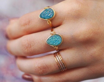 Aqua Druzy Agate Wire Wrapped Ring - Choose your size and metal!