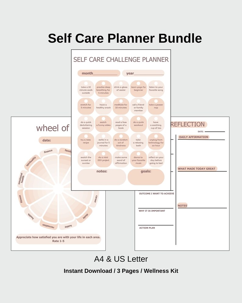 Self Care Daily Planner Printable Bundle | 3 Wellness & Reflection ...