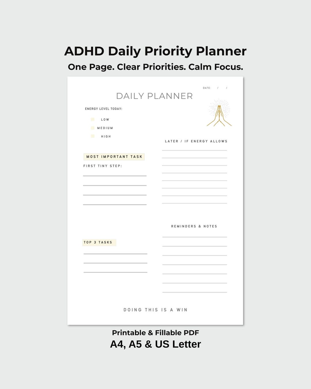 ADHD One Page Daily Planner | Gentle Structure for Creative Adhd Minds ...