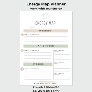 May include: A printable and fillable PDF energy map planner with the text "Energy Map Planner Work With Your Energy". The planner is designed to help track energy levels throughout the day, with sections for morning, afternoon, and evening.