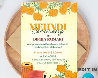 Bearbeitbare Mehndi-Einladungsvorlage, digitaler Download, bearbeitbares Canva-Design (5x7).