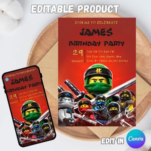 以下が含まれることがあります： 赤い背景に「Join us to Celebrate James Birthday Party」の文字が入った誕生日パーティーの招待状。招待状にはレゴニンジャゴーのキャラクターのグラフィックが含まれています。スマートフォンには同じ招待状が表示されます。招待状は編集可能です。