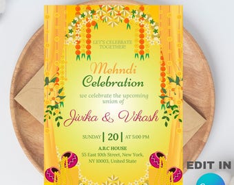 Bearbeitbare Mehndi-Einladungsvorlage, digitaler Download, bearbeitbares Canva-Design (5x7).