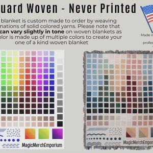 Pode incluir: A imagem mostra duas mantas tecidas com amostras de cores. Uma exibe um espectro de cores, a outra um design gradiente. O texto "Jacquard Woven - Never Printed" est&aacute; no topo. Feito nos EUA. As mantas s&atilde;o feitas com v&aacute;rias cores.
