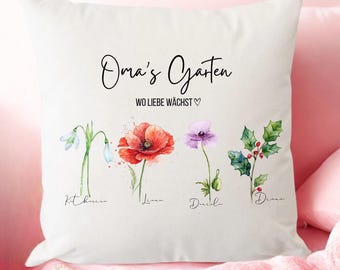 Personalisiertes Kissen Oma | Geschenk für Oma | Geburtsblumen Kissen mit Namen | Familiengeschenk | Oma Geschenk Idee | Muttertag Geschenk