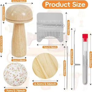 May include: A collection of craft tools, including a wooden mushroom-shaped tool (4.53 inches tall), a metal weaving tool (2.76 inches wide), needles, and a floral-patterned ball (2.76 inches wide). The tools are designed for various crafting projects.