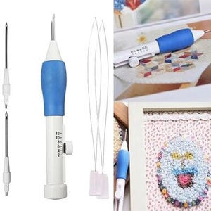 May include: A punch needle tool set featuring a white and blue handle with an adjustable depth dial marked 2, 4, 6, 8, 10, 12, two interchangeable metal needle tips, and two thin wire threaders, shown alongside a fabric embroidery project.