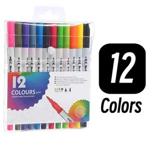 May include: A clear plastic case containing 12 double-headed pens in various colours. The packaging features the text 12 COLOURS pen, double head coloured pen, and lists features including non-toxic, odourless, acid-free, and water-based ink.