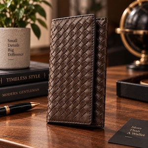 Puede incluir: Una cartera rectangular de color marrón oscuro que presenta un intrincado patrón de cuero trenzado en toda su superficie exterior. La cartera se mantiene en posición vertical sobre una superficie de madera, mostrando un diseño estructurado.