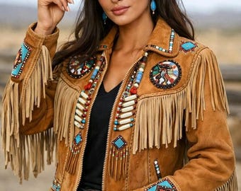 Chaqueta de gamuza con flecos, abrigo estilo western bohemio de inspiración nativa con cuentas.