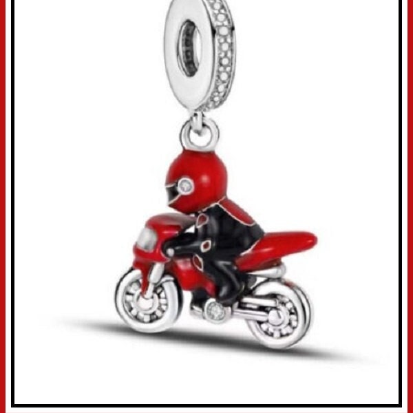 Group SALE ~ RED Scooter ~ Vespa ~ Racing BLACK Rider w Helmet ~ Bike ~ Motorcycle ~ Dangle Charm Bead ~ fits European Snake Chain Bracelet