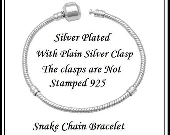 PLAIN CLaSP ~ Silver Plated SNAKE CHAIN Bracelets for European Style Charm Beads ~ All Sizes 5.5 to 9.25 Inch ~ 14 cm to 23 cm