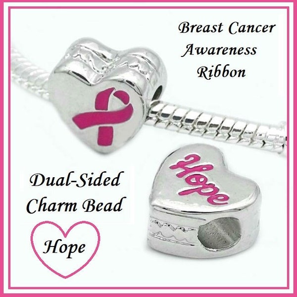 Group SALE ~ BREAST CANCER AWAReNESS Dual Sided Heart Shaped Pink Enamel HoPE Ribbon Shiny Silver Plated Charm Bead fits European Bracelets