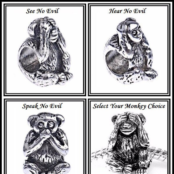 Group Sale ~ CHIMPaNZEE ~ MoNKEY ~ SEE No Evil ~ HEAR No Evil ~ SPEAK No Evil - Antique Silver Plated Charms - fits European Bracelets