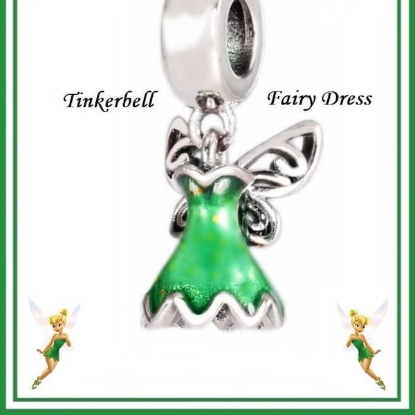 Group Sale ~ TINKERBELL FAIRY with Wings Dress ~ Gown ~ Green Enamel ~ Silver Plated Dangle Charm Bead ~ fits European Bracelets