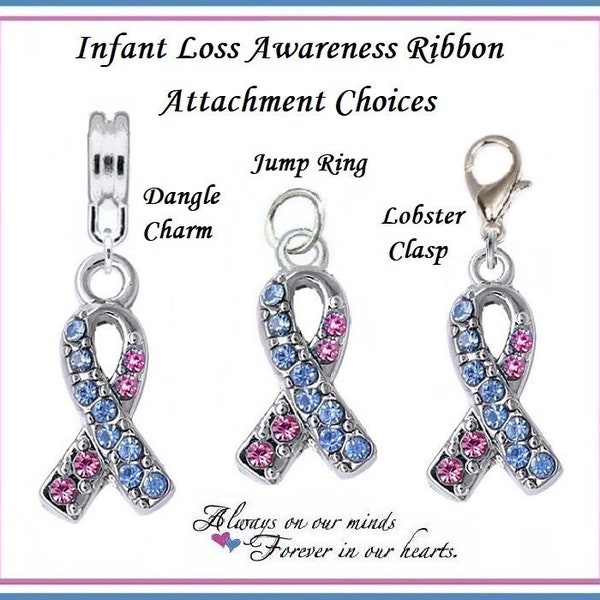 Group SALE ~ Infant Loss Awareness Ribbon ~ Pregnancy Miscarriage ~ Pink & Blue CZ ~ Lobster Clasp, Dangle Charm Bead fit European Bracelet