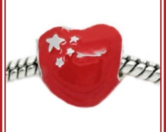 Group Sale ~ Solid Deep RED ~ Smooth Enamel HEART with Silver Tone Stars ~ Great Quality Silver plated Charm Bead - fits European Bracelet