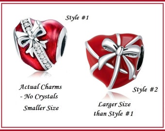 Group Sale ~ Beautiful Red Enamel HEART with Silver Ribbon and Bow ~ Great Quality Silver plated Charm Beads - fits European Bracelet