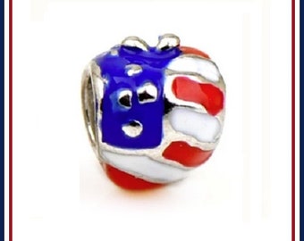 Group Sale ~ AMERICAN USA Flag ~ Red White & Blue Enamel Apple Shaped ~ Patriotic Charm ~ Independence Day ~ fits European Bracelets