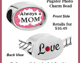 Dual Sided - ALWaYS a MOM (Pink) LoVE w Cz - MoTHER's DaY - Authentic Excellent Quality Photo Charm Bead - fit European Bracelet - PUG-Photo