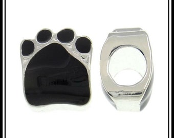 Group Sale ~ DOG ~ BLACK Paw Print ~ Pet Lover ~ Animal ~ Silver Plated ~ Enamel Charm Bead ~ fits European Bracelets