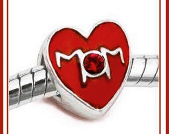 Group SaLE ~ Stamped 925 ~ MOM ~ HEART Shaped ~ Red Enamel ~ Small Size Charm Bead with Red Crystal ~ fits European Bracelets