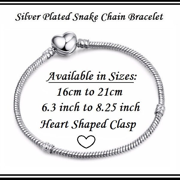 HEART Shaped Clasp ~ Silver Plated Snake Chain Bracelet for European Style Charm Beads ~ All Sizes 6.3 to 8.25 Inch ~ 16cm to 21 cm