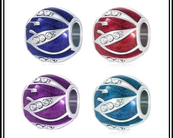 Group Sale ~ SAPPHiRE BLuE, RED, PURPLE or TURQ Enamel Clear Crystals Silver Wavy Accents ~ Silver Plated Charm Bead fits European Bracelet