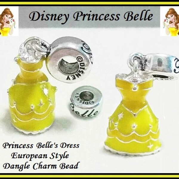 Stamped DISNeY Logo ~ Princess BELLE Dress ~ Larger Size Silver Plated Dangle Charm Bead ~ fits European Bracelets - MD-P-B