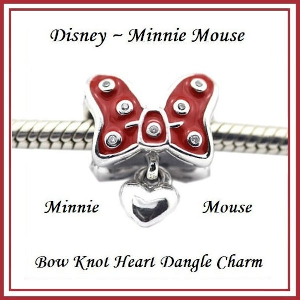 Group SALE ~ DISNEY ~ MiNNIE MoUSE ~ 2 Sided Red Enamel Bow Knot Silver Plated Charm w Clear Crystals + Dangle Heart fits European Bracelets