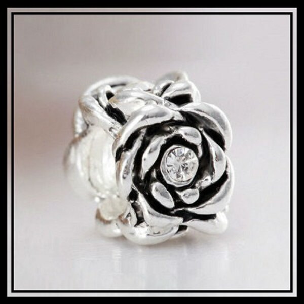 Beautiful - ROSE with Clear Crystal Flower - Silver plated Charm Bead - fits European Bracelets - MC-2365-A
