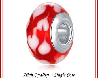 Group Sales ~ SINGLE Core ~ VALENTiNES DaY ~ Red with White HEARTS ~ High Quality Murano Glass Bead ~ fits European Bracelets