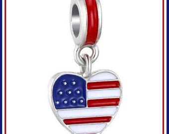 Group SaLE ~ American U.S.A. FLAG - HEART Shaped - July 4th - Patriotic - Enamel Dangle Charm - fits European Bracelets - MD