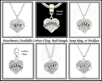 FAMILY Rhinestone HEART Shaped Pendants ~ Clear Crystals ~ Lobster Clasp, Jump Ring, Dangle Silver Plated Charm Bead fits European Bracelets