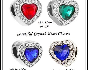 Group Sale - Beautiful Crystal HEART Shape ~  Red, Sapphire Blue or Teal Green CZ ~ Silver Plated Charm Beads ~ fits European Bracelets