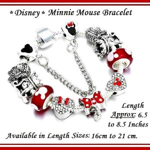 SOURIS MINNIE Disney ~ 9 breloques, bracelet complet en forme de serpent de style européen - Disponible de 16 cm à 21 cm - Env. (6,5 à 8,5 pouces)