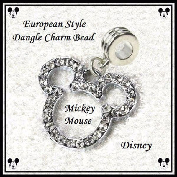 DISNeY - MICKEY MOUSE Head Cut-Out - Clear Crystals Rhinestones - Silver Plated Dangle Charm Bead - fits European Bracelet