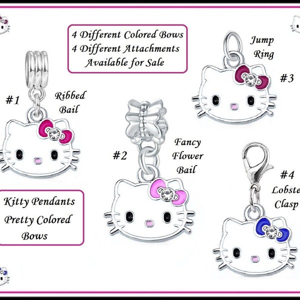 Group Sale ~ KiTTY Pendant ~ PINK, FUCHSIA or BLUE Bow & Clear Cz ~ Lobster Clasp, Jump Ring, Dangles Charm Bead fits European Bracelets