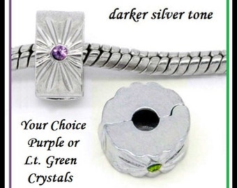 Clip Lock Stopper ~ Starburst Design w PURPLE or GREEN Rhinestone Center ~ Great Quality Darker Silver Tone Clip ~ fits European Bracelets
