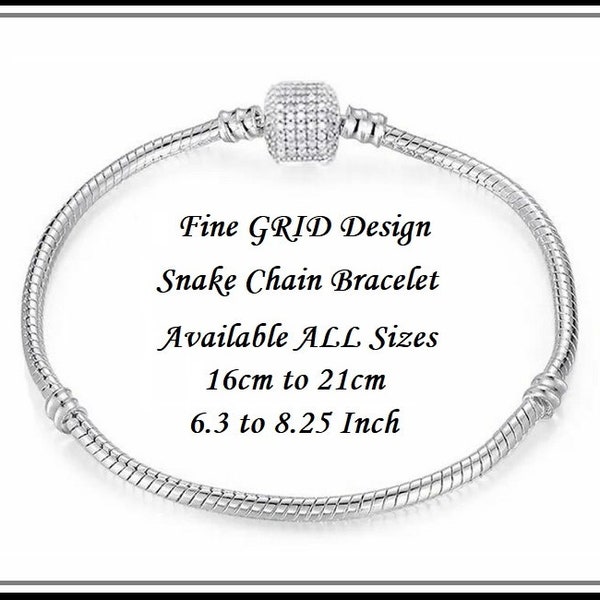 Fine GRID Design Barrel Shape CLASP ~ Silver Plated Snake Chain Bracelet for European Style Charm Bead - Sizes 6.3 to 8.25 Inch ~ 16 - 21 cm