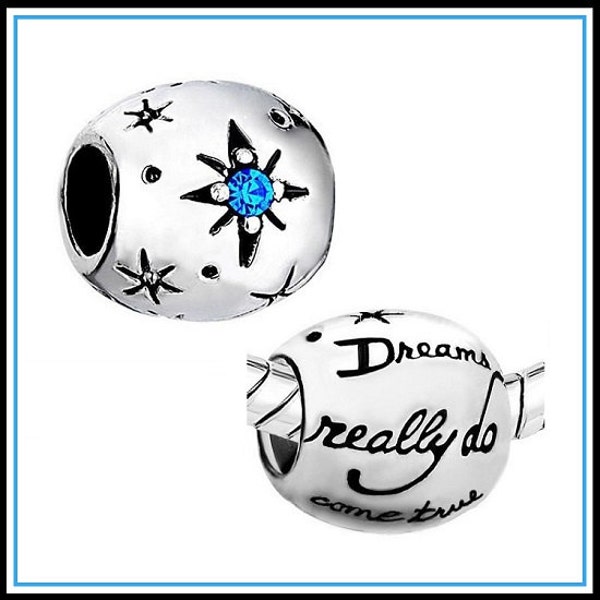 Authentic - 2 Sided Dreams Really Do Come True - Disney - STARS Charm Bead - Blue Cz- European Bracelets - PUG-C-4201