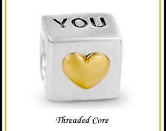 Group Sale ~ LOVE YOU Cube Shaped (Box) ~ Gold Plated HEART ~ Choice from 2 ~ Silver Plated Threaded Charm Bead ~ fits European Bracelets