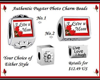 I LoVE U MoM - Red RoSE - Flower Design Photo Charm Bead - MoTHER's DaY - Authentic Quality Charm Bead - fits European Bracelets - PUG-Photo