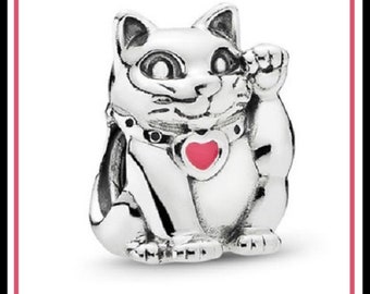 Group SALE ~ Stamped 925 ~ Lucky (Sitting) CAT w Red Heart on Collar - Excellent Quality Antique Silver Charm Bead fits European Bracelets