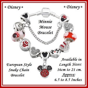 MINNIE MOUSE, Bracelet complet en forme de serpent de style européen, chaîne de sécurité à 9 breloques ; Tailles disponibles : 16 cm à 21 cm ~ Env. (6,5 à 8,5 pouces)