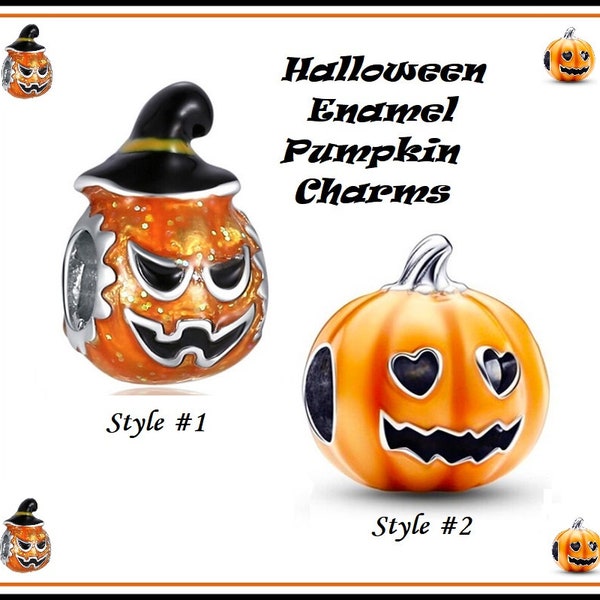 Group SALE ~ Cute HALLOWEEN - 2 Styles Orange Enamel PUMPKIN Charm Bead with Black Features Hat - fits European Style Snake Chain Bracelets