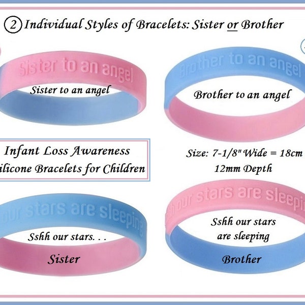 Group Sale ~ CHILDREN's Infant Loss Awareness Silicone Wristband Bracelets ~ SISTER or BROTHER to an Angel ~ Sshh our stars are sleeping