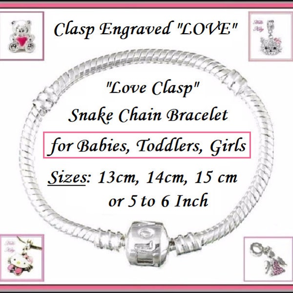 5 - 6.3 Inch or 13cm - 16cm fit BaBY TODDLER GiRL - Stamped Love ~ Silver Plated Snake Chain Bracelet Clasp for European Style Charm Beads