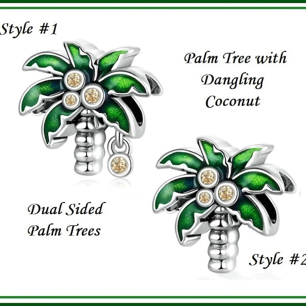 Group Sale ~ Tropical PALM Tree Green Enamel & Cz's ~ Travel Trip Holiday Vacation Souvenir ~ Silver Plated Charm Bead fit European Bracelet